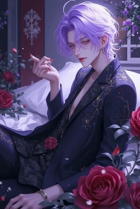 A beautiful villain man falling into darkness in an animated illustration、Dark King 、 beautiful and handsome 、  bright background  、 colorful background 、hope、good night、 kindness 、light、 expressionlessで睨む、 Black Rose 、僕は君をgood nightしてるよ、this flower is for...