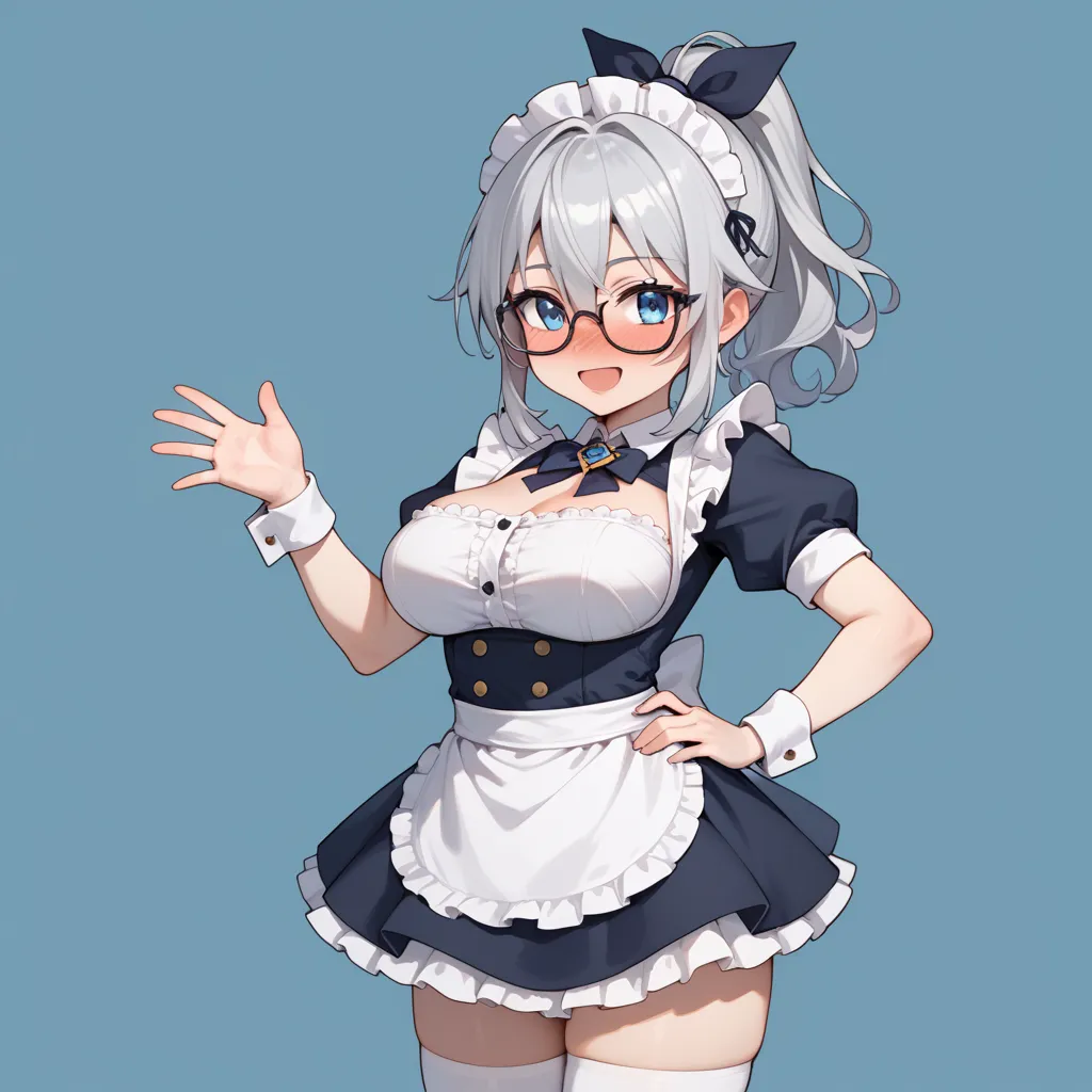 (score_9, score_8_up , score_7_up ), source_anime,((masterpiece, best quality)), 1 girl, alone,alone,( chibi:1.2)
 large breasts,
ponytail,silver hair, oval glasses,blue eyes,hairs between eyes,
viewers, ,maid Uniform, , thigh high socks that grab your bre...