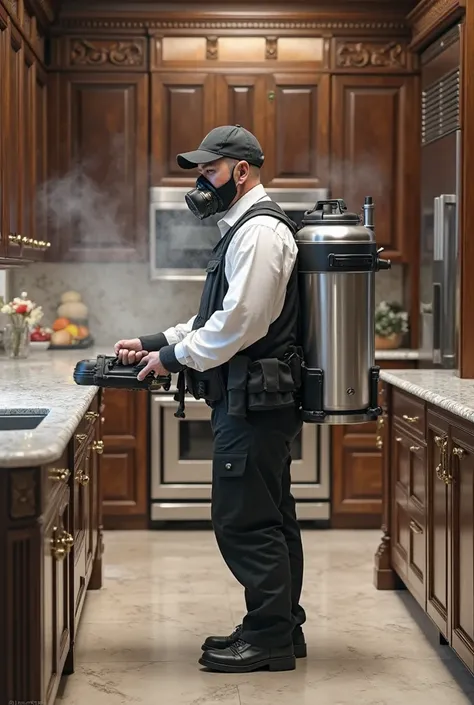 Make a person in black pants and white shirt with a cap, fumigating with his tank, in a luxury kitchen.