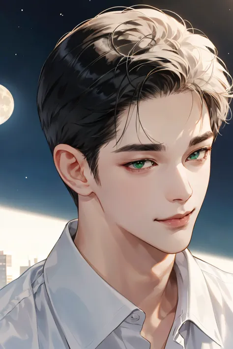 of a man wearing a shirt is looking at the camera., The moon is behind him , delicate and neutral,  Animation Handsome man , cute and handsome vibe, 매력적인 smile, Inspired by Byun Soo-min , Green eyes,  Enquiry, , short black hair,  Heise Jinyao ,  very hand...