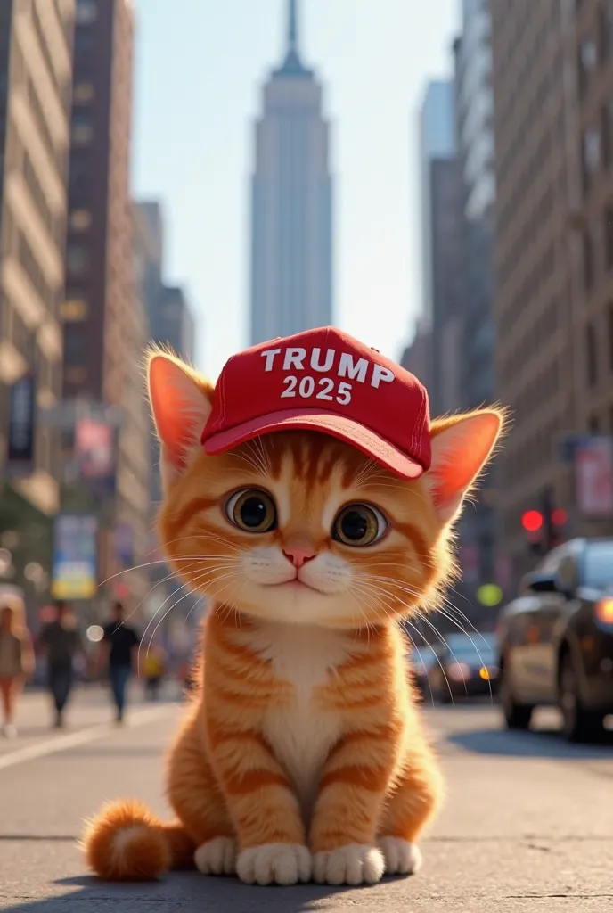 In 3d Pixar animation.
Orange tabby kitten wearing red cap with words ‘Trump 2025’. .
Action, kitten sitting in front of Trump tower.
Background, trump tower in New York City with many pedestrians and cars.