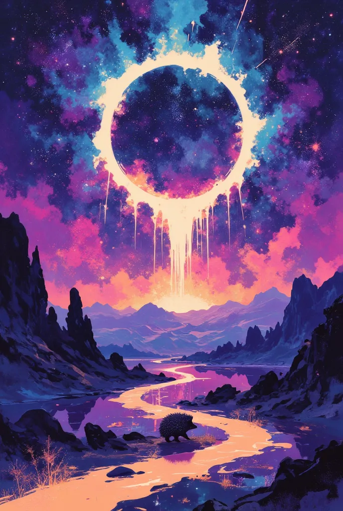 A cosmic and surreal landscape featuring a tiny lone hedgehog on all fours faces an enormous, glowing portal that dominates the alien horizon. The portal pulses with fiery hues of magenta, crimson, and orange, radiating an intense energy that appears to ri...