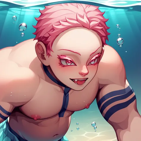  Shirtless pregnant man is a mermaid and has a blue mermaid tail and massive pregnant belly 

Short pink hair

Skinny

Underwater

Full body 