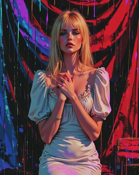 chiaroscuro technique on sensual illustration of an elegant queen (((long hair with bangs:1.4、Beautiful bangs) , vintage ,silky dress, matte painting, by John Singer Sargent, by Harumi Hironaka, abstract background, (upper body:1.5), Rainbow rain, highly d...