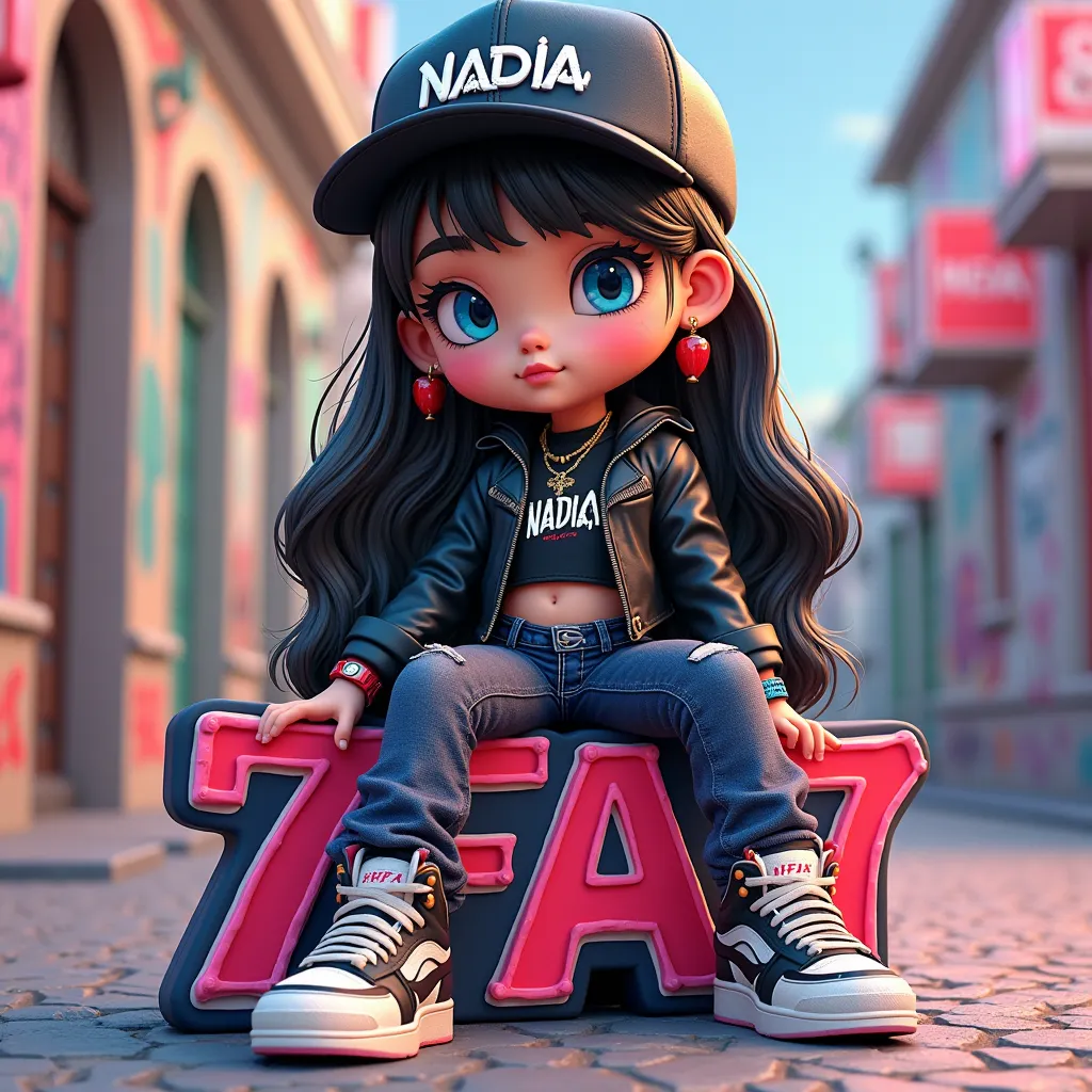 Une illustration numérique 3D captivante d'une princesse chibi vêtue d'une tenue en cuir noir saisissante, avec le mot "NaDIa" écrites en caractères gras sur sa poitrine. Elle pose avec assurance assise sur un "7FA7" signe, accentuant son style tendance. S...