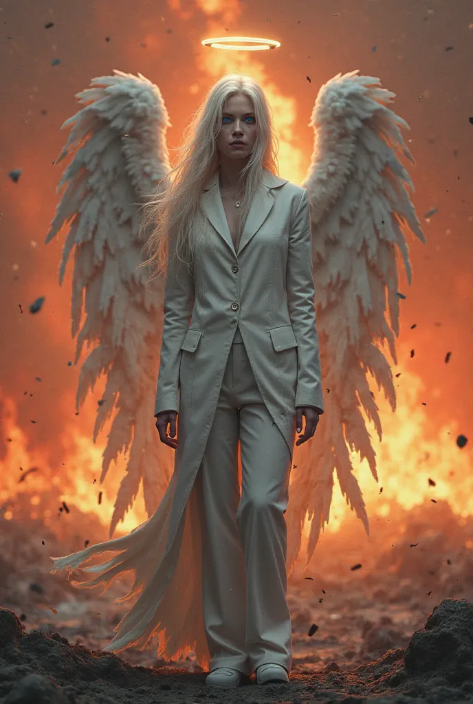  a full-length adult , thin, with broken white wings, with a halo above your head,  in a white suit , with long white hair,  Blue-eyed , tired, behind him, the apocalypse is all on fire, he's injured