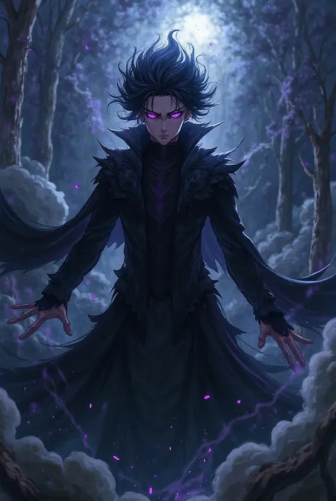 A man with black hair and small purple eyes, falls into the darkness as if he turns into the Dark Lord in a fantasy scene. Fantasy anime