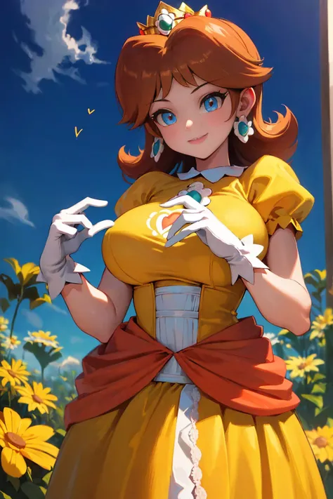 ((masterpiece,best quality,ultra-delicate,Perfect Face,detailed eyes,16k,high resolution,very beautiful girl)), princess daisy, yellow princess long skirt dress, white gloves, brown hair,large breasts,,smile,energetic,many flower garden,heart hands