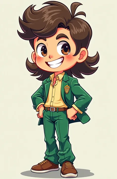 
Create a school student in a green uniform with a curly mullet with white skin brown eyes without a background who is a man do it cartoon not so anime 