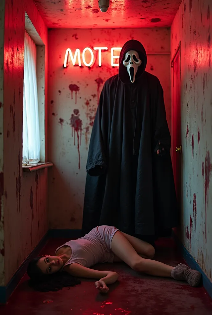 Background Motel with a neon sign words that say Ghostface motel with Ghostface from the horror movie scream wearing black cloak black gloves inside Motel room Walls bloodied female laying on floor real Ghostface mask