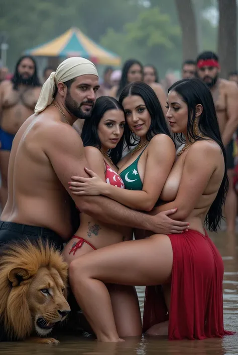 Four aged muslim men and muslim leader owaisi hugging and fucking  hard butally durga maa wearing sexy transparent mini bikini of turky and pakistani flag and halal maked tatoo on her boobs, thick thighs big big hips , showing naked thighs and buttock. She...