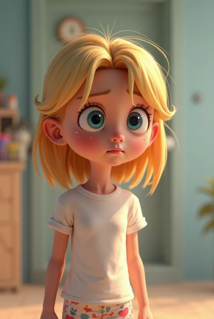 Pixar 3d illustration of a 16-year-old blonde girl with blue eyes wearing a white t-shirt and shorts the character must be crestfallen and with a very sad face almost crying