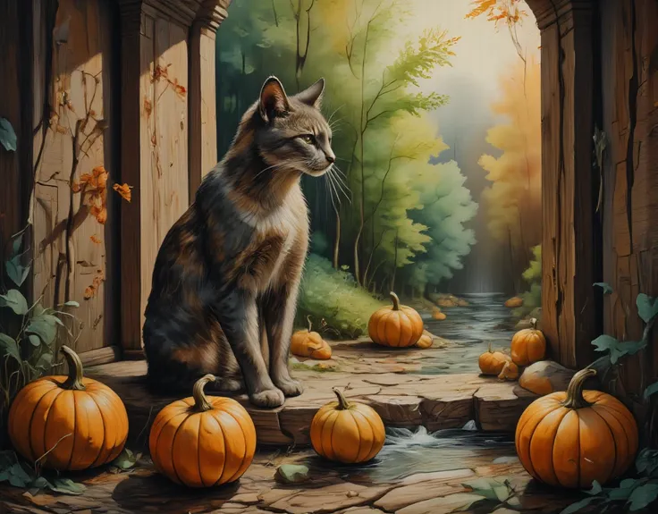 chiaroscuro technique on sensual illustration of female cat, vintage horror, pumkins, matte painting, by Hannah Dale, by Harumi Hironaka, extremely soft colors, vibrant, highly detailed, digital artwork, high contrast, dramatic, refined, golden tonal, mono...