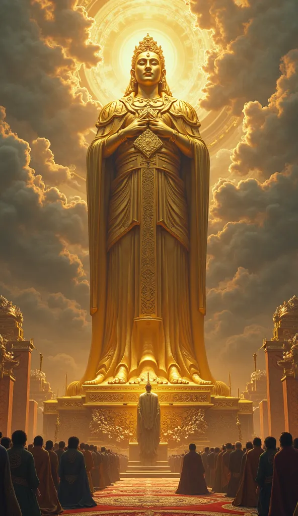 A large golden statue on a luxurious altar, with several people kneeling before her in adoration. IN THE SKY, dark clouds form, representing divine anger against idolatry.