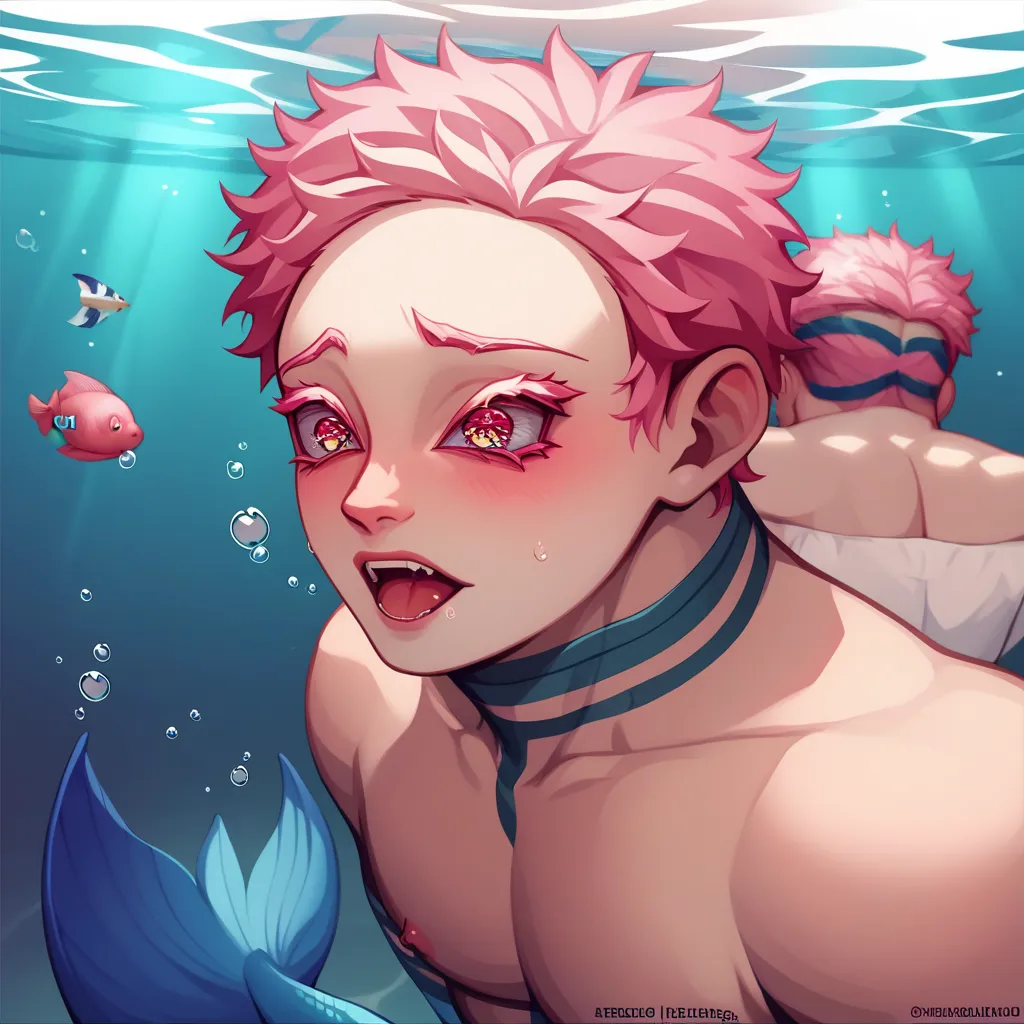  Shirtless pregnant man is a mermaid and has a blue mermaid tail and massive pregnant belly 

Short pink hair

Skinny

Underwater

Full body 