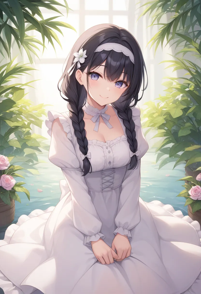 girl,black hair,white headband、 braids、smile,dress,flower