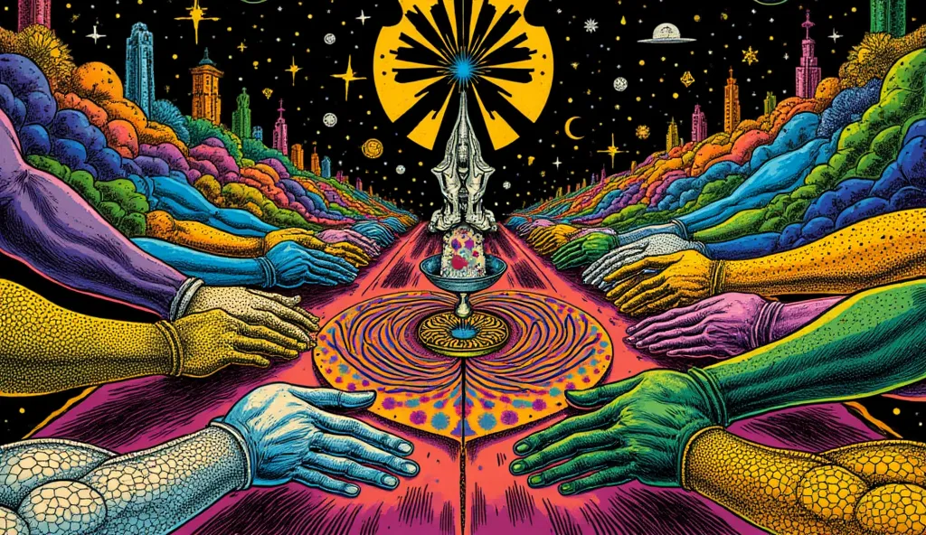 a table and you can see the arms of people holding their hands. 

 psychedelic cosmic, oniric, fluid, ethereal,alex gray, Robert crumb, Hiroshi Nagai, paul laffoley, Magnificent, mystical,,
 psychedelic illustration,  alchemy (colors: purple, yellow, blue,...