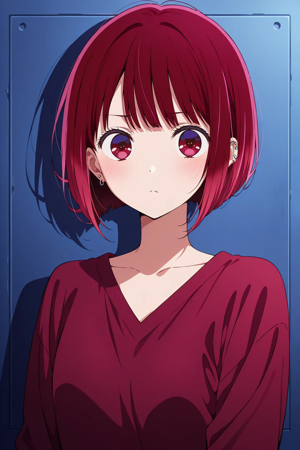 kana arima, short hair, bangs, red eyes, red hair, bob cut,