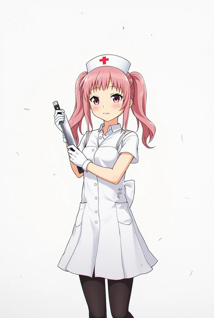 score_9, score_8_above, score_7_above, source_anime, Alone, 1 , yun0gasai,  inexpressive,  Looking at you , standing,  holding a knife,  ponytails,  Hair tie ,  nurse cap , constricted paboveils, White dress,  short dress ,  short sleeves ,  white gloves, ...