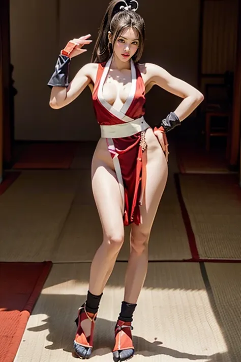 mai shiranui, (Full body:1.6), (black satin tabi:1.3), (wearing fitted black tabi:1.5), (Photo realistic:1.2), (masterpiece:1.2), (Best Quality), (ultra-detailed), (8K, 4K, Convoluted), (Flat Lighting:1.2), (skinny), Prestige, Brown eyes, Long brown hair, ...