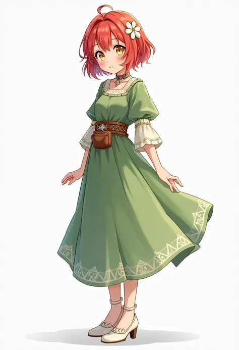 Character sheet of a cute and innocent medieval anime-style girl, full-body view, wearing a long green dress with a belt and a small pouch at on the side of her waist. She has short red hair, yellow eyes, and a flower in her hair. She is wearing white high...