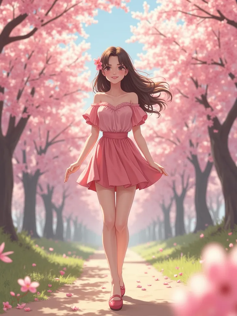  cute woman、pink puff sleeve top、miniskirt、Cherry blossom trees、stroll、 happy