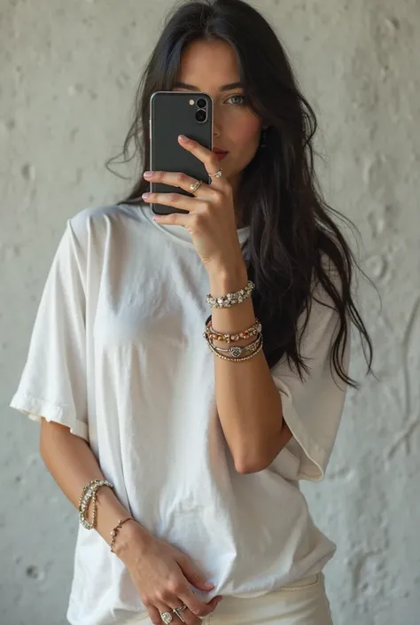 Russian girl with long black hair takes a selfie, in a white oversized t-shirt ,  that reaches to the middle of her thighs . She holds her smartphone in one hand, that covers her face,  and her arms show several bracelets and rings ,  background — a neutra...