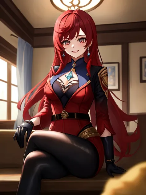 It hurts \(genshin impact\),1girl, red hair,long hair, glove belt,bodysuit,black  glove belt, earrings,blazer,biker clothes , indoors,,  Masterpiece , Better quality, coffee,  newest ,  very ava , absurdities, High definition,  smiles, sits with crossed le...