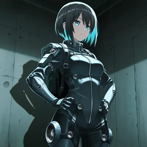 masterpiece, best quality, amazing quality, Anime Screencap. BREAK. 1girl, 
original character, 
backpack fusion, short hair, mechanical details, straps, zippers, 
standing, hands on hips, 
urban setting, modern, concrete background, 
confident expression,...