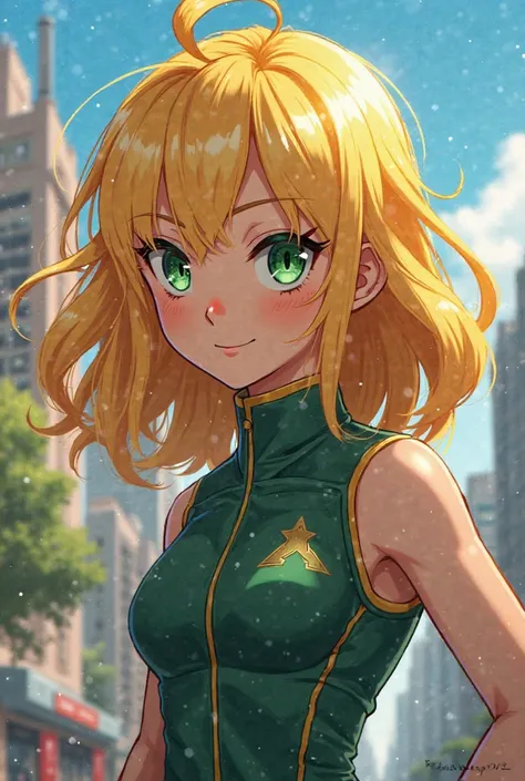  My Hero Academia, Girl with bright golden hair and green eyes, light brown skin and with the My Hero Academia uniform 