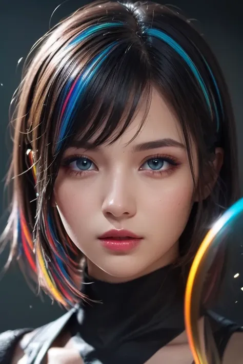 {{Masterpiece}},  best quality ,  Highly Detailed CG Unity 8K Wallpaper,  Cinematic Lights,  lens flare ,  beautiful detail eyes , black,  Sideways glance,   multi colored hair,  colorful  light, particle, Heterochromia, ( colorful :1.5), ( colorful  hair:...