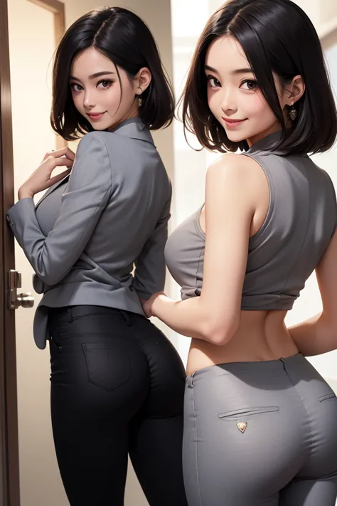 (  top quality, 8k, 32K,     masterpiece   ,     Ultra High Definition  :1.2),    mischievous girl  ,    Cute Japanese   ,    waistline , grey  suit,    office lady who hangs her chest from her back overlaps with the sunset ,  suit,     office room, I put ...