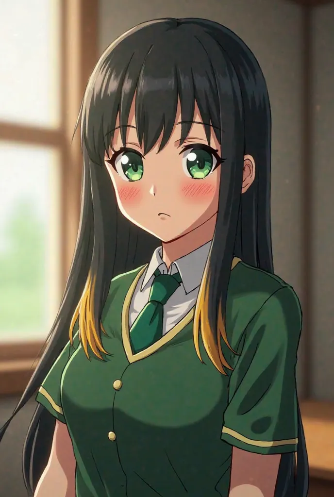 Screenshot Boku no hero Academia Chica Etnia Trigueña, straight black hair with blonde locks, emerald green eyes, slight peach blush on the cheeks, wearing a UA uniform (Boku No Hero Academia), Inside the UA