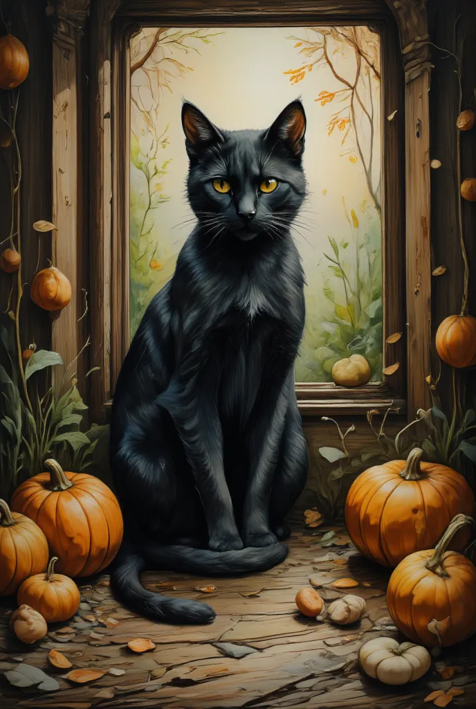 chiaroscuro technique on sensual illustration of female cat, vintage horror, pumkins, matte painting, by Hannah Dale, by Harumi Hironaka, extremely soft colors, vibrant, highly detailed, digital artwork, high contrast, dramatic, refined, golden tonal, mono...