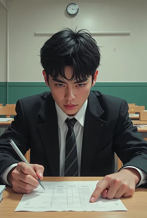 A Japanese male high school student is taking a follow-up exam