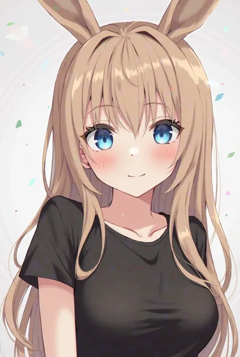 (masterpiece, top quality, best quality, official art, beautiful and aesthetic:1.2), High quality face, bunny ears, female, black shirt, long light brown hair, DnD, light blue eyes, no human ears, anime, 