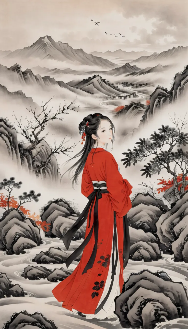 traditional Chinese ink painting,Yanagizhi ,Black and white ink painting , ( masterpiece,best quality),  vivid illustration ,Fallen Leaves,Bokeh, Mystery,Sky, Clouds ,Mountain,1 Girl, alone， long hair,black and red hanfu,Female walker