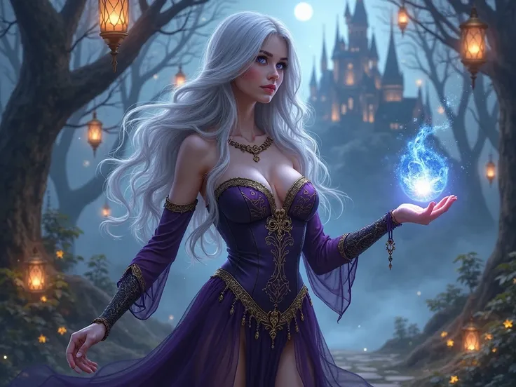 A stunning, seductive sorceress with a curvy, hourglass figure, standing in a mystical, enchanted forest. She has long, flowing silver hair that shimmers under the moonlight, deep glowing violet eyes, and smooth, flawless skin. She wears an elegant yet rev...