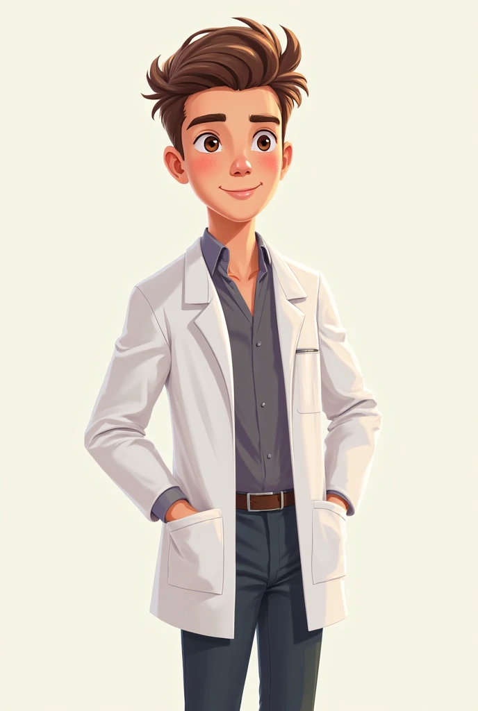 Create cute design of a male , Doctor's dress , brown hair,  brown eyes and white skin  