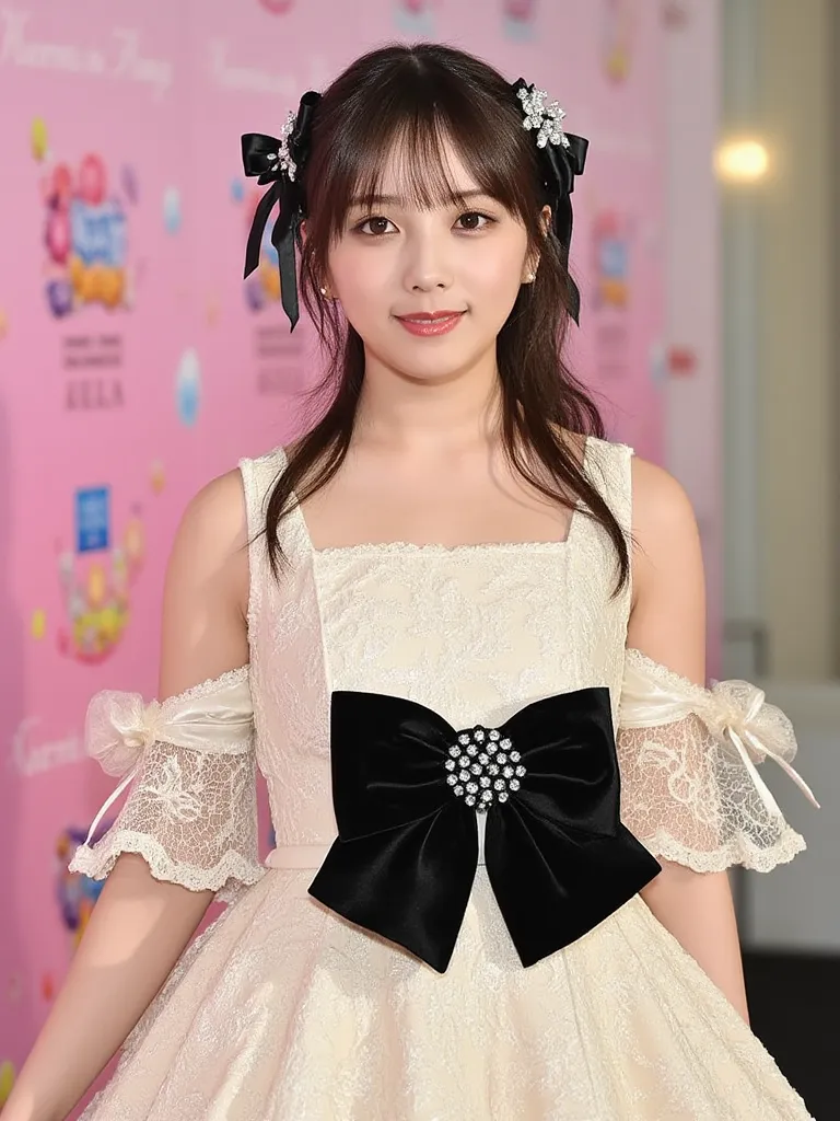 A young woman dressed in an elegant Lolita-style outfit, standing in front of a colorful event backdrop. Her dress is cream-colored with intricate ruffles and lace details. The bodice features a large, black velvet bow adorned with sparkling rhinestones. S...