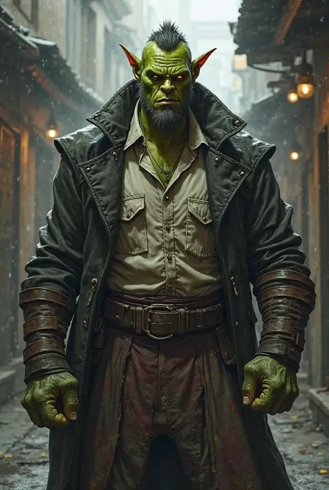 A green orc assassin, boxer, a bit friendly with a cloake-like overcoat and with a slightly worn shirt. Make for a tabletop RPG