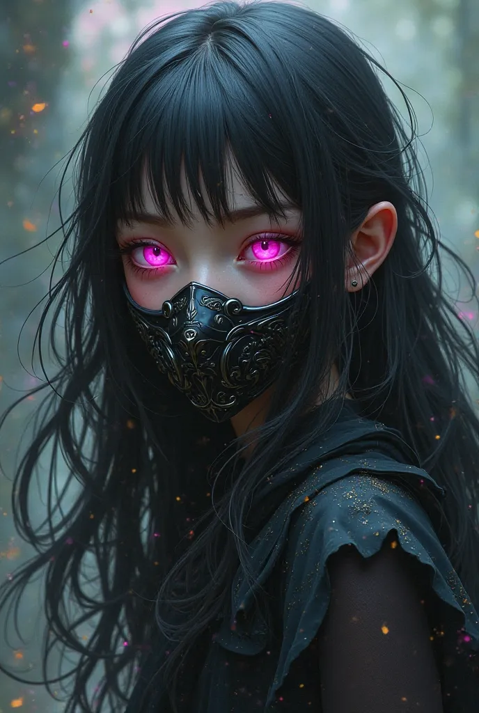 A girl with black hair and a muzzle in her mouth with pink eyes 