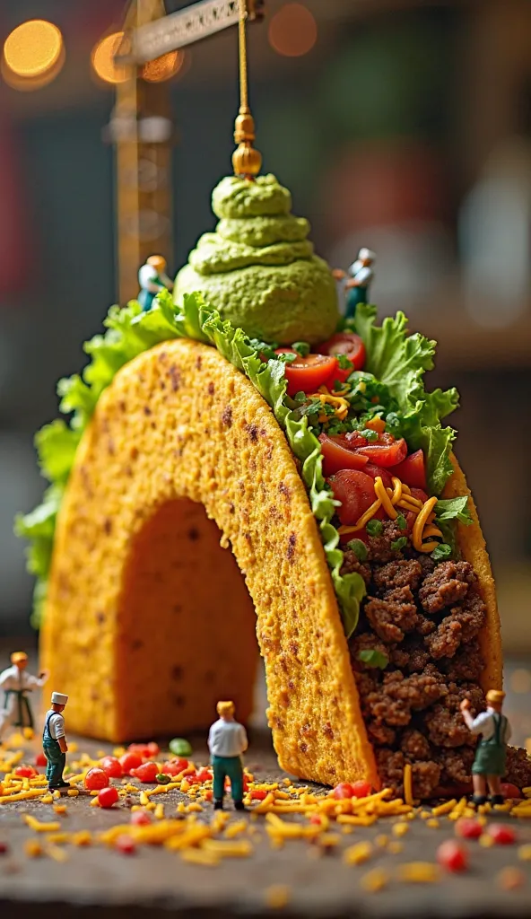  A giant taco being built like an arched bridge. Tiny chefs carefully layer seasoned meat, shredded cheese, and diced tomatoes, while others place lettuce leaves like construction panels. A crane lifts a massive scoop of guacamole onto the top. The lightin...