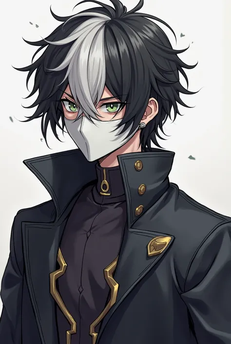 male anime character with medium large hair, his hair colot is a split which is black and white and wears a mask that covers his entire face that is white and black too, make him with a long coat