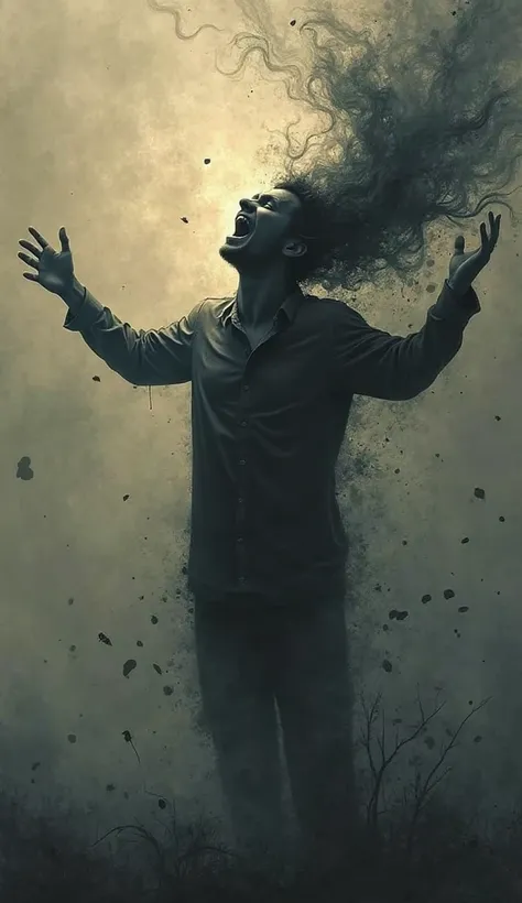 A dark silhouette of a man screaming to the sky, with a dark energy coming out of her mouth, representing blasphemy against the Holy Spirit.  The surrounding environment is bleak and charged .