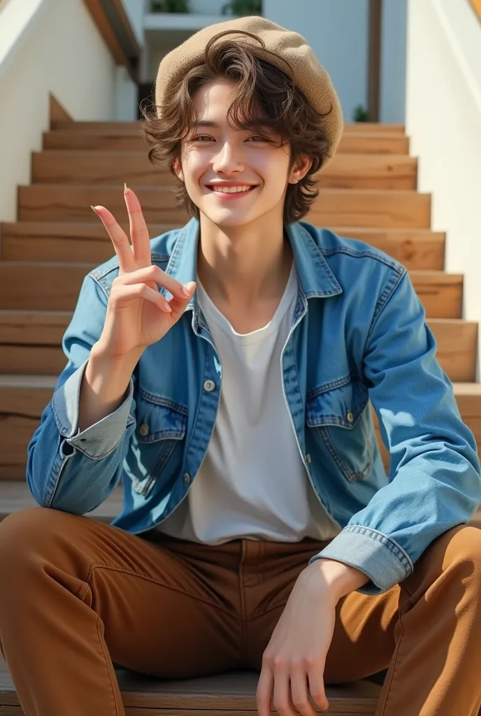  beautiful young man, brown hair on the desk, beret , bright blue jeans jacket,  white t-shirt, peace sign, smile, Sit on the stairs , brown eyes