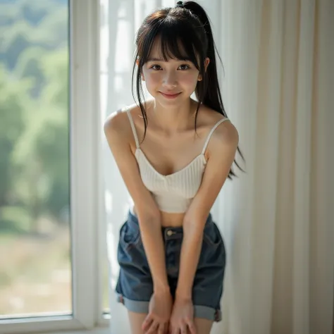 portrait photo,masterpiece, nsfw,8k,(13yo Japanese Girl, 152 Height cm,Pale pale skin,immature body, flat chest, Wide pelvis, Small Ass,thick curvy thighs ),standing,leaning forward,bent over,hands on thighs,sunny,professional lighting,(),black color Strai...