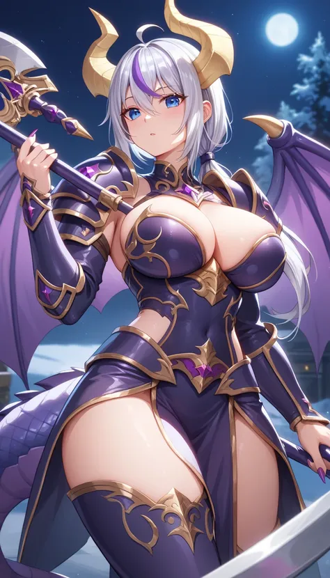 masterpiece, Highest quality, insanely detailed, 

1 girl, clothed,


Late Night, ( Battle Scene ), two handed axe,


(elven armor),


baby face, 

has expressive eyes, blue eyes, cool eyes, 

(low position ponytail:1.2), (Purplish silver hair :1.4), viole...