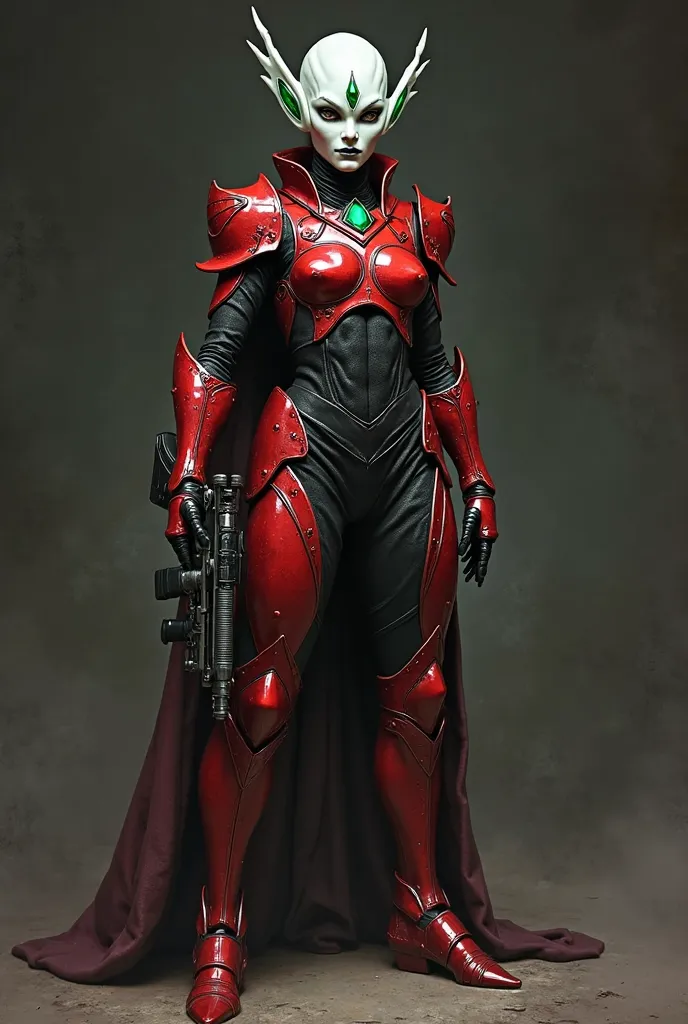 realistic game character, an alien female, white face with dark eyes, a marquise cut gem shape on her forehead, green fantasy accessories on her side head, a scarlet iron armor covering neck and shoulder and chest in styled designs, the leg armor style mat...