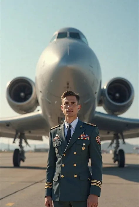 a 25 years old achieving his dream being a pilot and standing in front of a airplane 